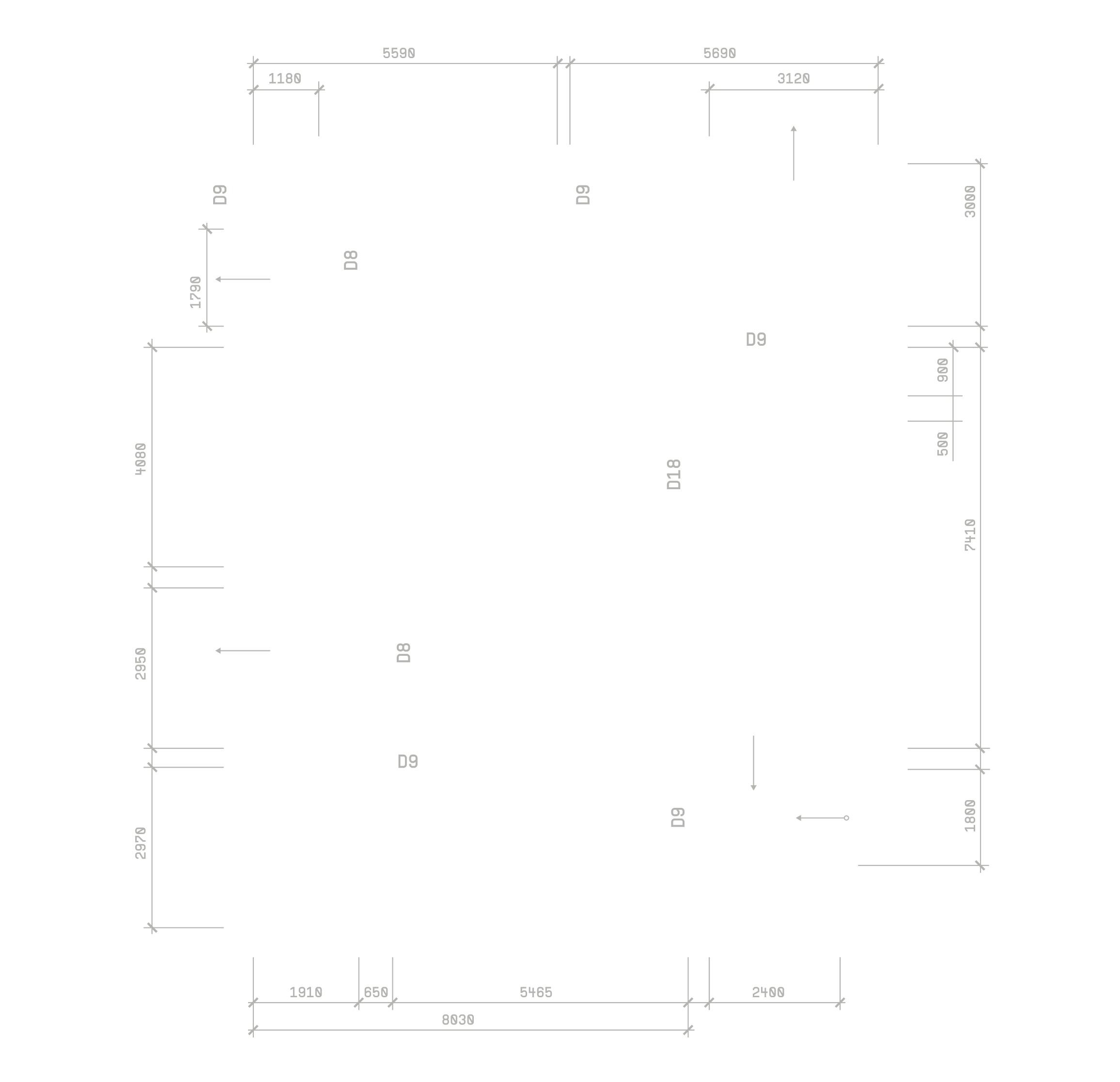 Architectural floor plan with dimensions and door labels D8, D9, and D18 on black background.
