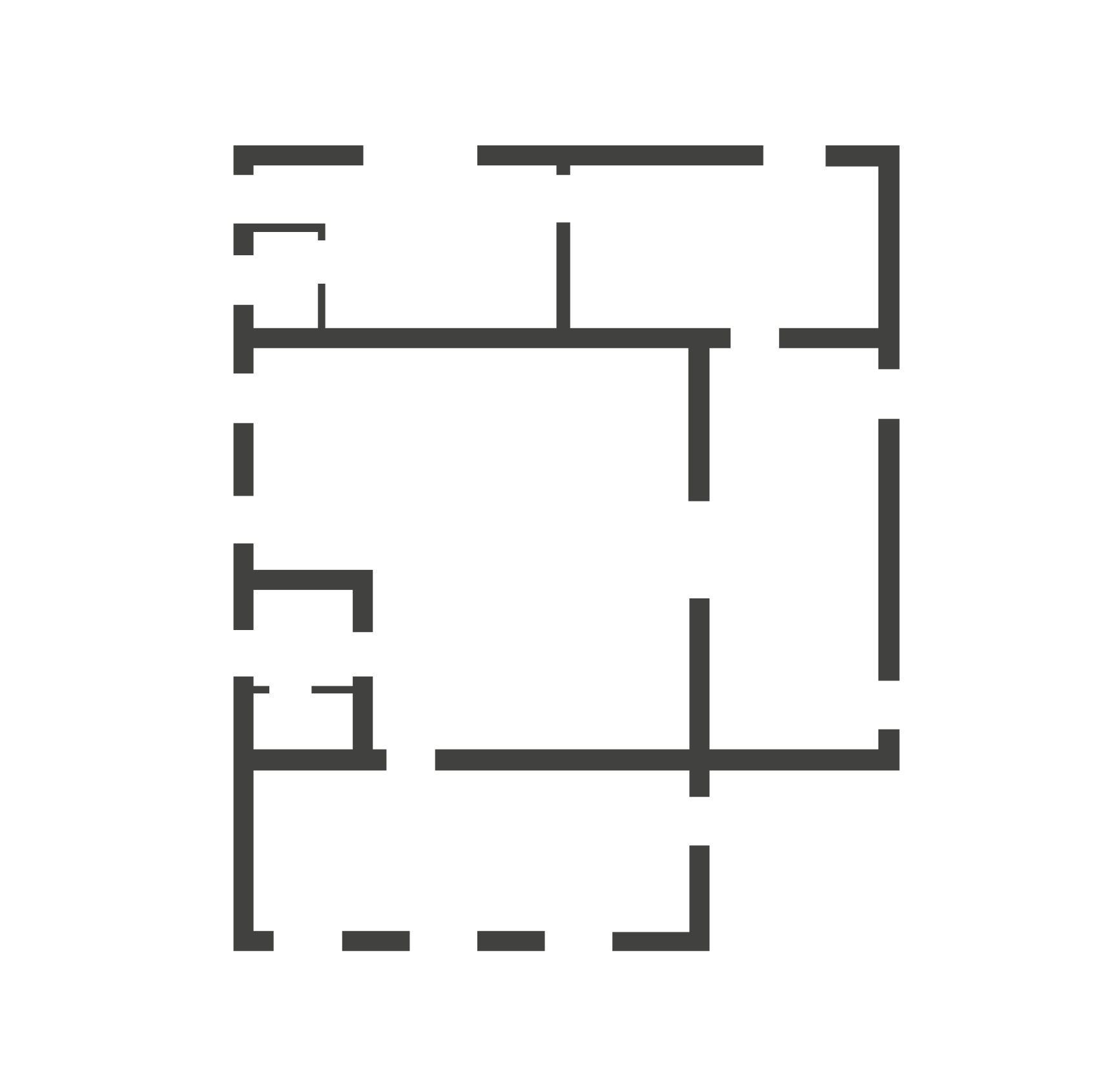 Simple black and white floor plan with multiple rooms and thick walls shown.