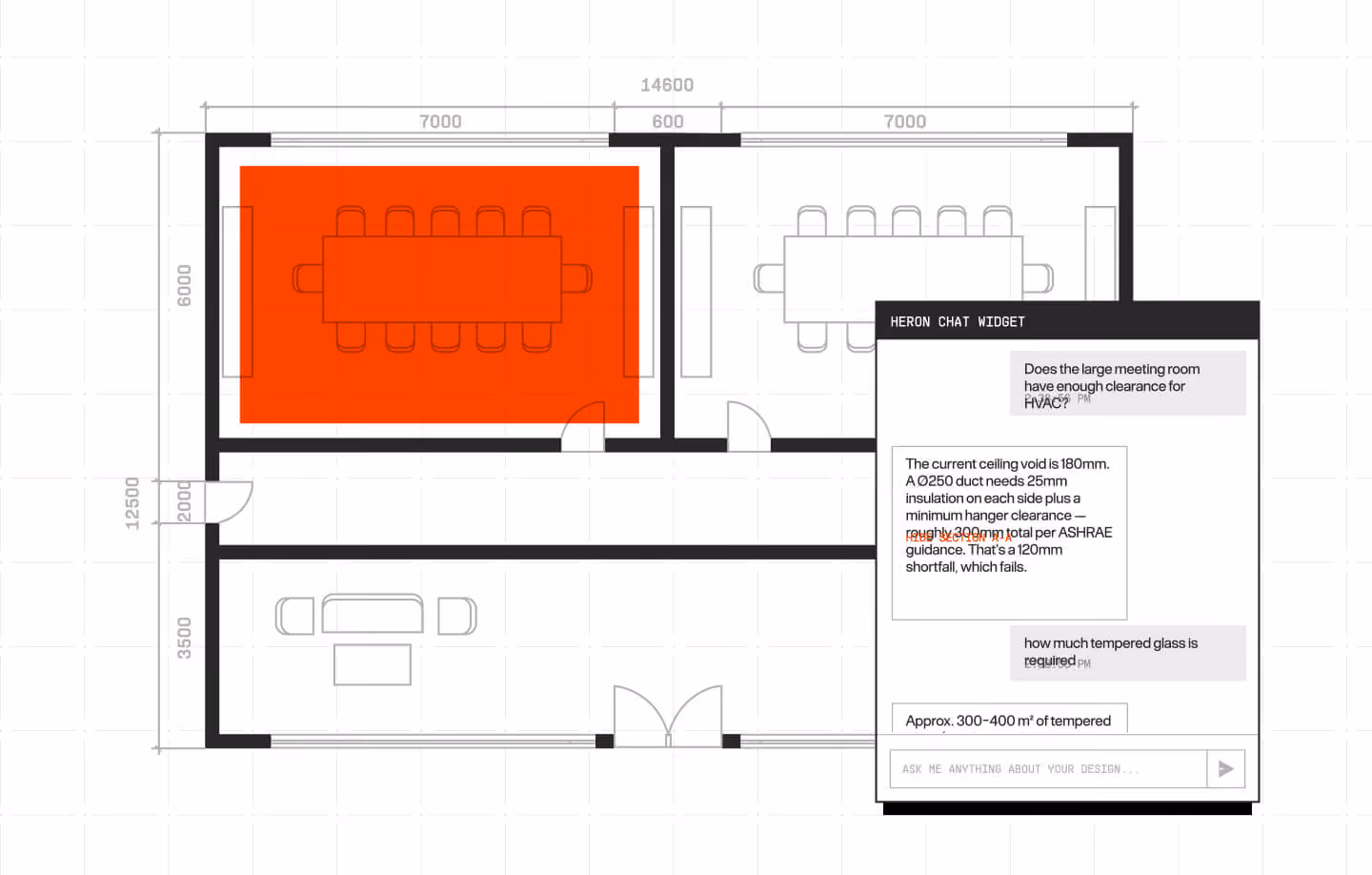 Floor plan with two meeting rooms; left room highlighted in red and a chat widget discussing HVAC clearance.