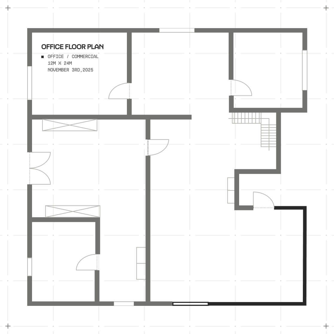 Office floor plan layout with multiple rooms and doors, labeled 12m by 24m commercial space.